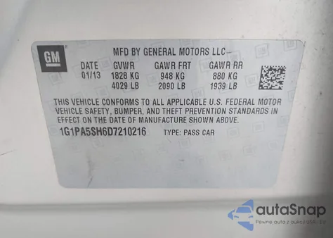 2013 Chevrolet Cruze Ls Auto z USA, uszkodzony, nr VIN 1G1PA5SH6D7210216